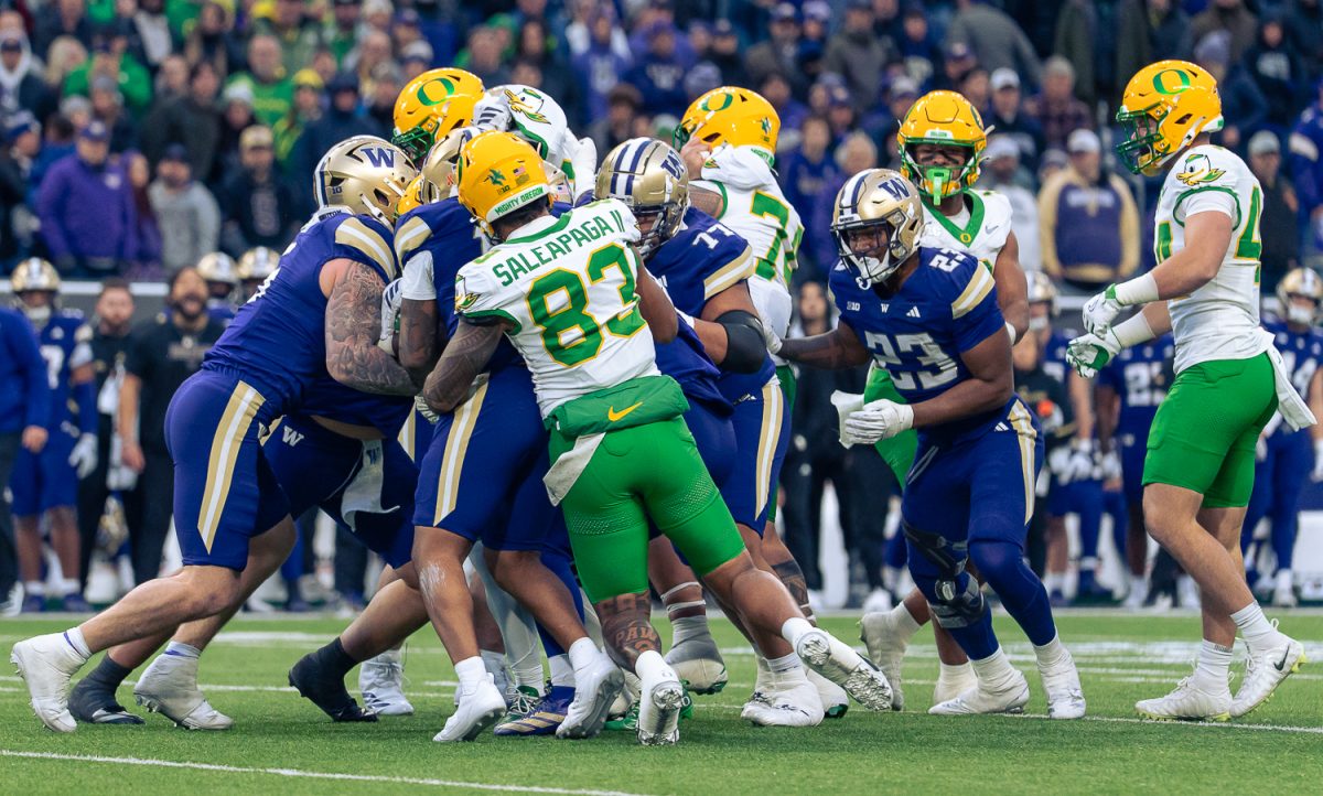 The No. 4 University of Oregon Ducks defeated the University of Washington Huskies 26-14 at Husky Stadium in Seattle, Wash. on Nov. 29, 2025, securing a College Football Playoff first round game. (Saj Sundaram/Emerald)