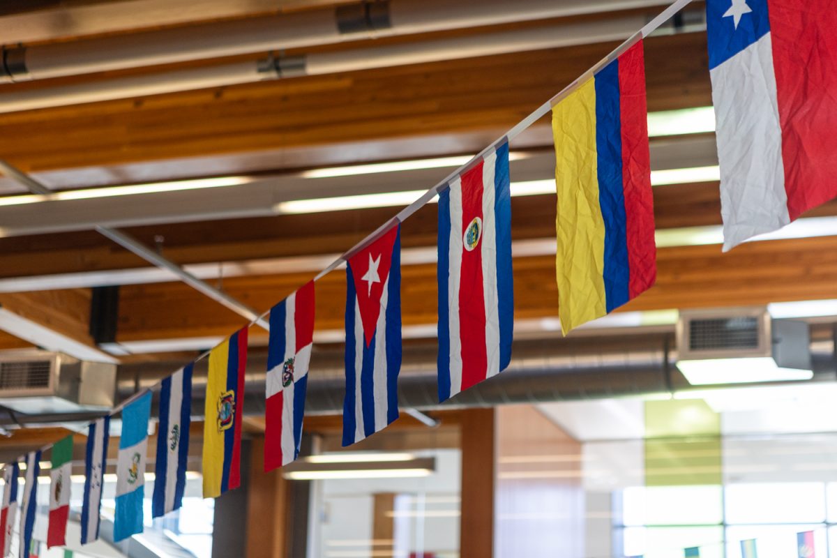 International flags representing multiple countries hang from a string inside the Multicultural Center in the Erb Memorial Union on Thursday, Dec. 11, on the University of Oregon campus in Eugene, Ore. The flags reflect the MCC’s focus on cultural representation and inclusion within the campus community. (Max Unkrich/Emerald)
