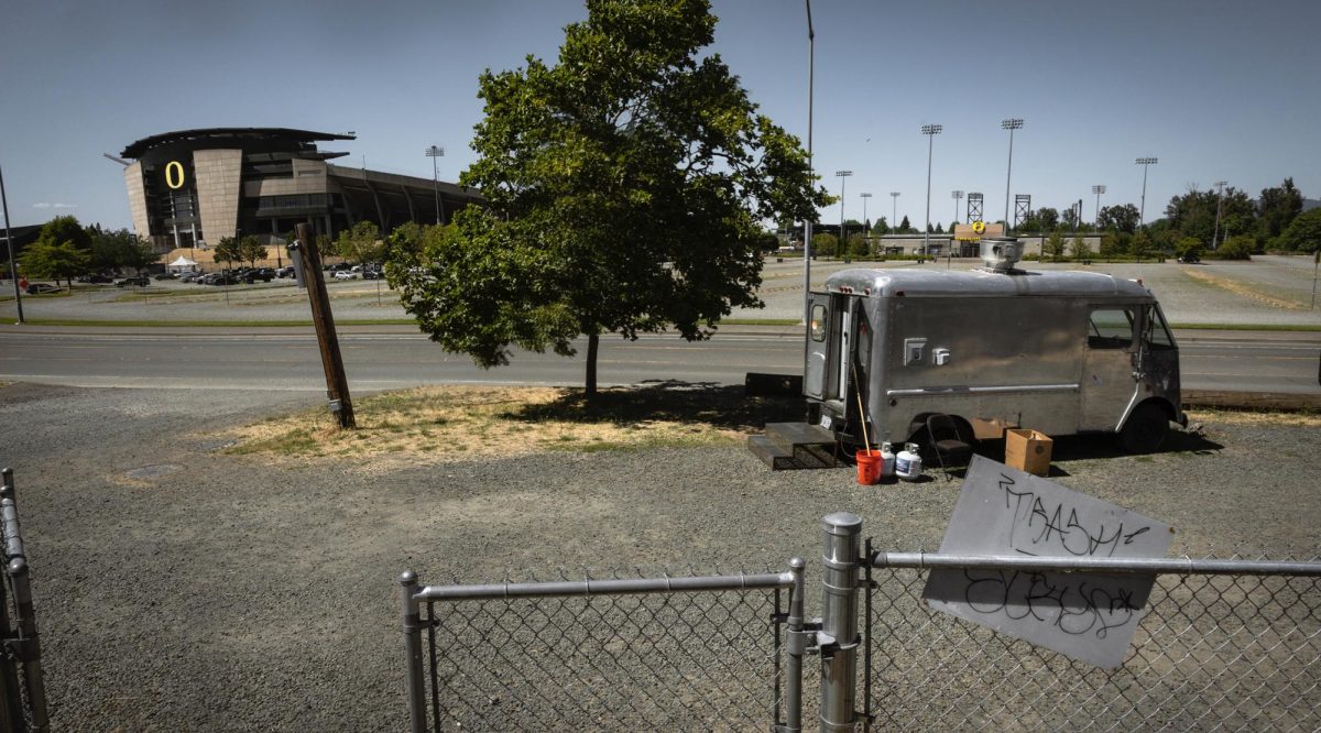 Michael Rieux’s food truck, Cheesy
Phil’s, sits parked outside an empty Autzen Stadium in spring 2025 in Eugene, Ore.