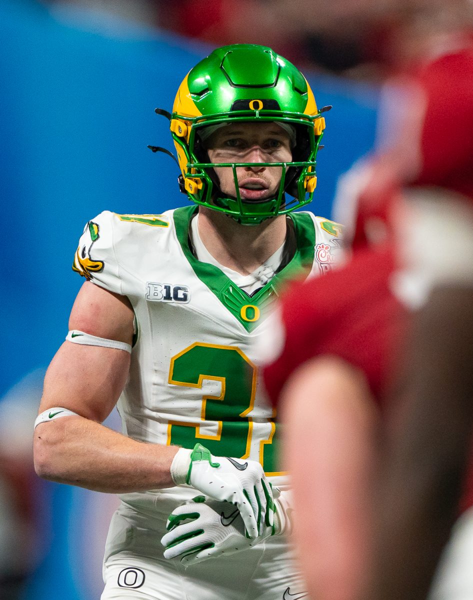 Oregon Ducks defensive back Dillon Thieneman (31) prepares to start the play. The No. 5 University of Oregon Ducks lost 22-56 to the No. 1 Indiana University Hoosiers in the third round of the College Football Playoff at the Peach Bowl held at Mercedes-Benz Stadium in Atlanta, Ga. on Jan 9, 2026. (Saj Sundaram/Emerald)