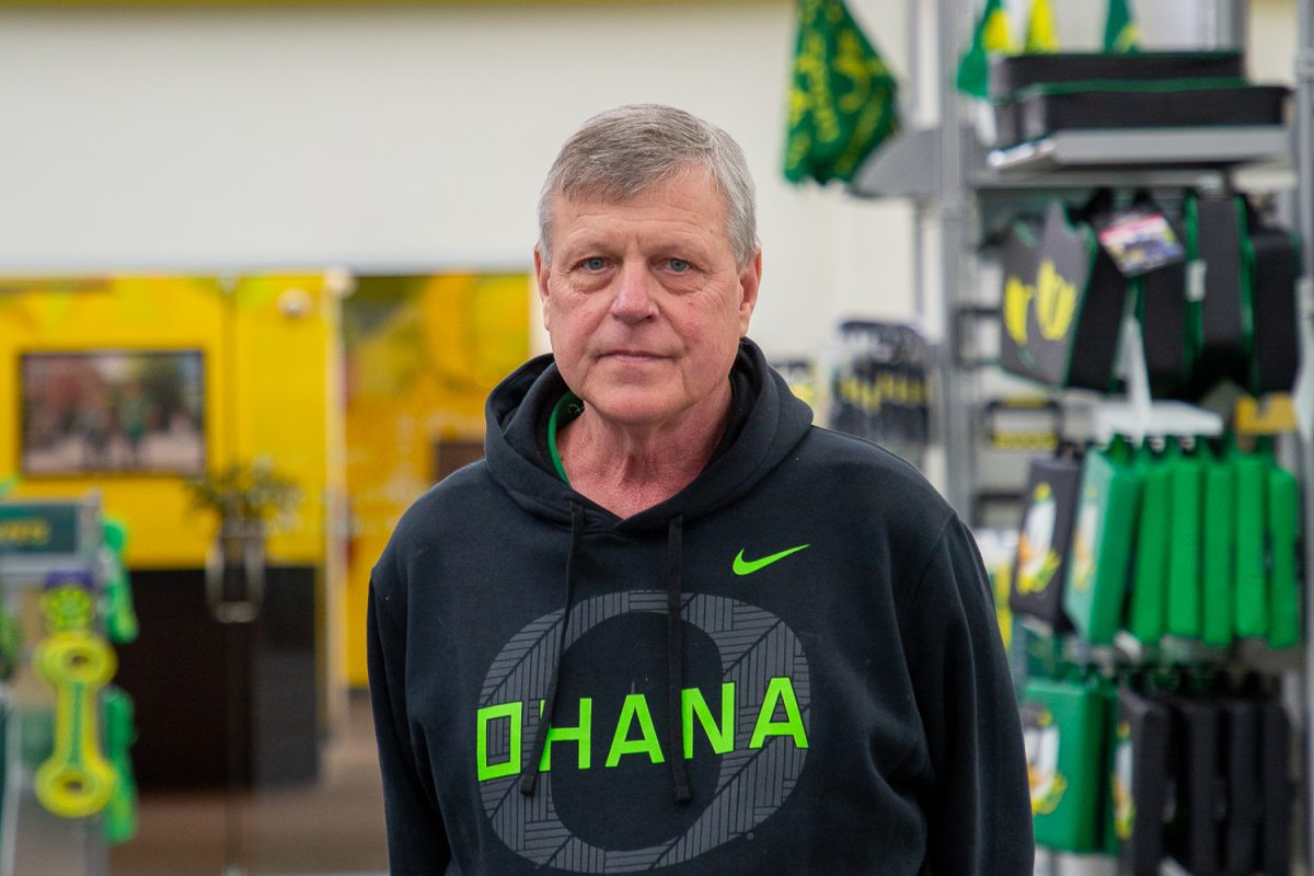 “For me, it always comes down to the people. I love working here. I love the people that I work for and serve on this campus, the community, the students, the fans.” Duck Store Chief Executive Officer Arlyn Schaufler retires after more than 40 years. (Corey Hoffman/Emerald)