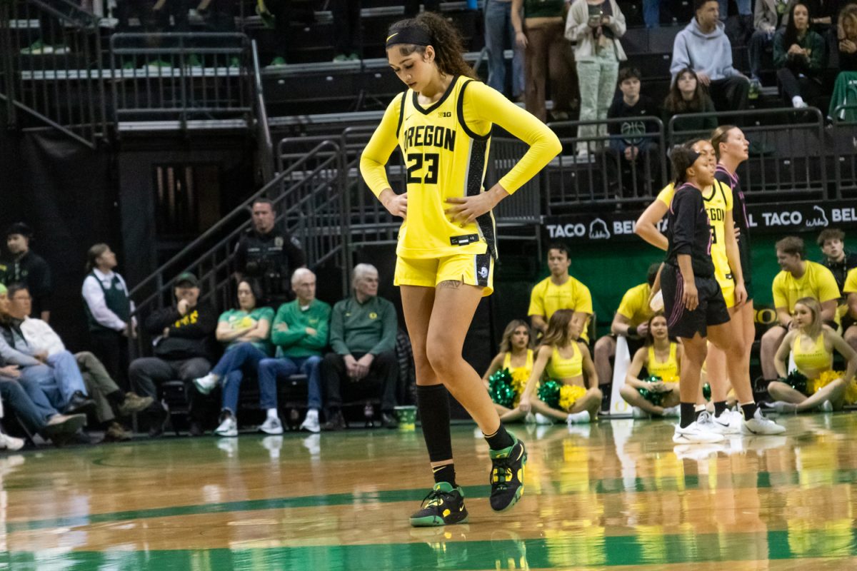 Sarah Rambus (23) takes a breather during her 12 point half. Oregon women’s basketball hosts Penn State at Matthew Knight Arena in Eugene, Ore. on January 24, 2026. (Owen Burriss/Emerald)