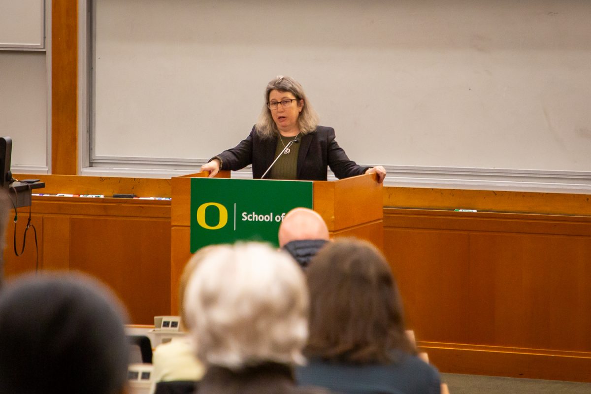 UO Phi Beta Kappa hosted the University of Michigan's Wade H. and Dores M. McCree Collegiate Professor of Law Margo Schlanger for a lecture titled “Federal Civil Rights Cases by and against the Trump Administration,” on Jan. 29, 2026. (Corey Hoffman/Emerald)