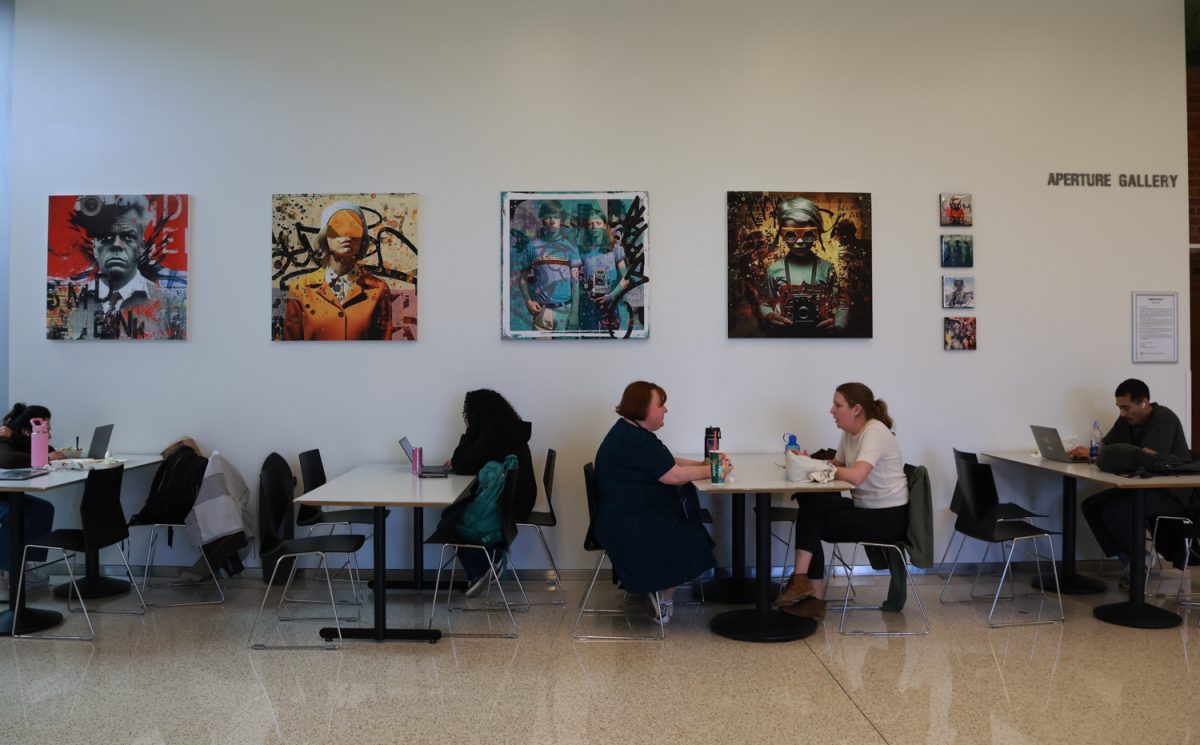 Artist Walter Portz’s exhibition of AI-generated images is called Immersion. The exhibition can be seen inside the University of Oregon’s Erb Memorial Union in Eugene, Ore., on February 3, 2026. (Julia Massa/Emerald)