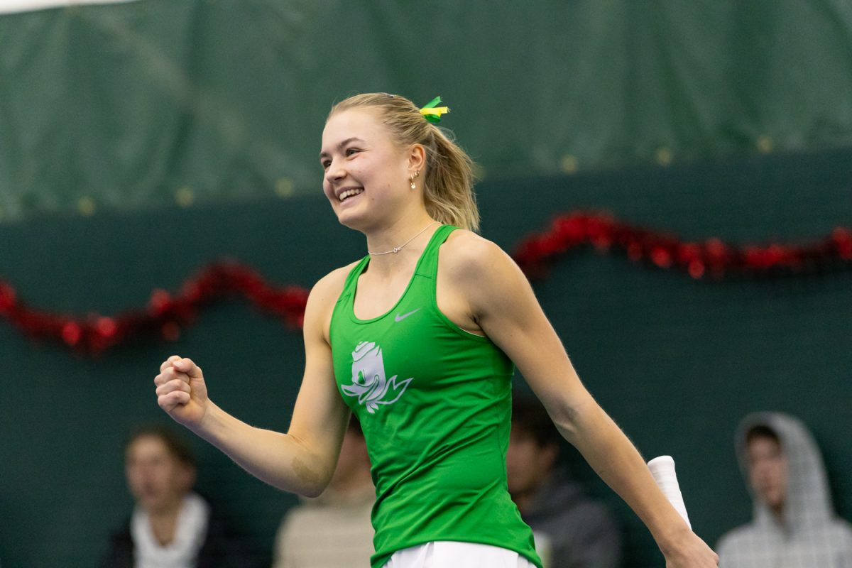 Tilde Jagare is all smiles after winning a point. University of Oregon wins its second match of the day against Seattle University after defeating UC Riverside earlier at the Student Tennis Center in Eugene, Ore. on February 14, 2026. (Owen Burriss/Emerald)