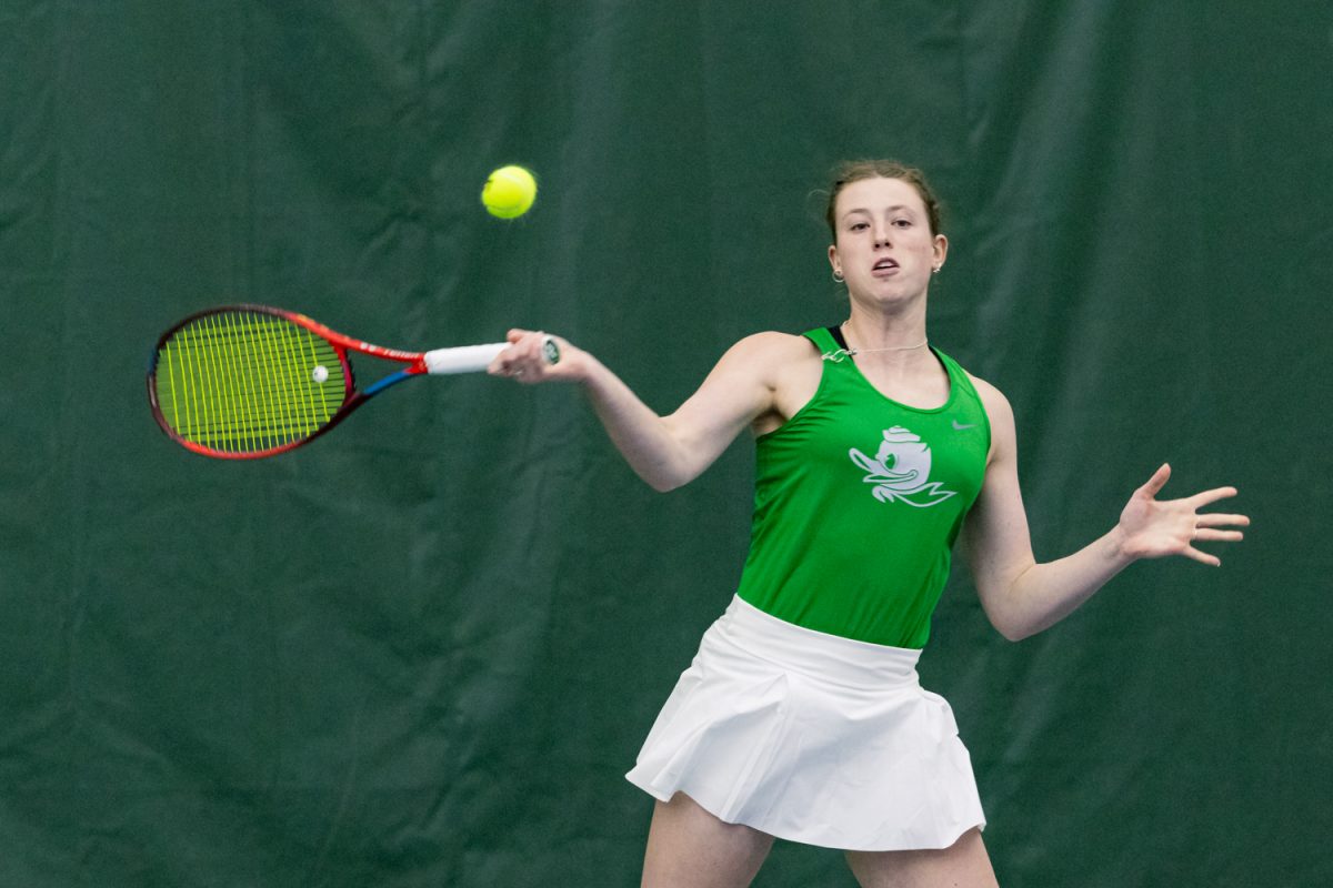 Sophomore Bridget Mihulka tracks the ball and loads up a forehand. University of Oregon wins its second match of the day against Seattle University after defeating UC Riverside earlier at the Student Tennis Center in Eugene, Ore. on February 14, 2026. (Owen Burriss/Emerald)