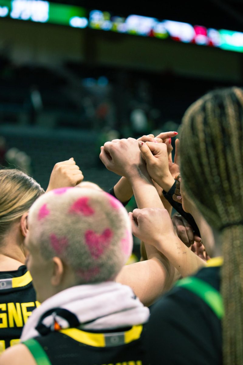 The Oregon Ducks women's basketball team hosted the Nebraska Cornhuskers at Matthew Knight Arena in Eugene, Ore. on Feb. 19, 2026, winning 80-76. (Roshni Ram/Emerald)