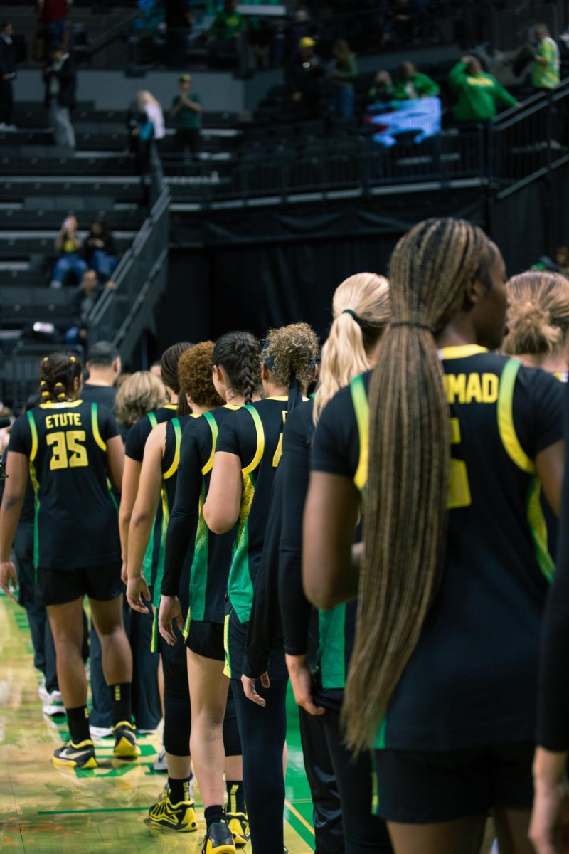 The Oregon Ducks women's basketball team hosted the Nebraska Cornhuskers at Matthew Knight Arena in Eugene, Ore. on Feb. 19, 2026, winning 80-76. (Roshni Ram/Emerald)