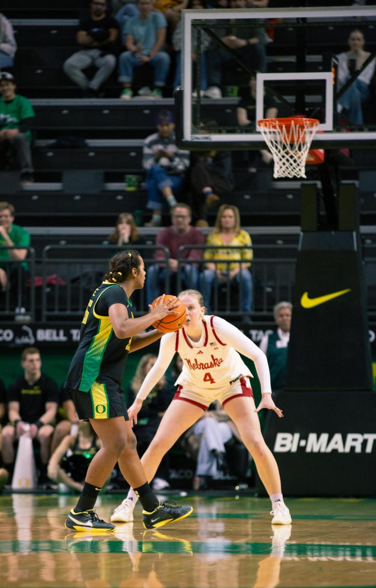 The Oregon Ducks women's basketball team hosted the Nebraska Cornhuskers at Matthew Knight Arena in Eugene, Ore. on Feb. 19, 2026, winning 80-76. (Roshni Ram/Emerald)