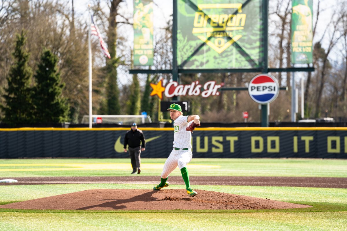 Duck junior pitcher Collin Clarke (10) pitches the ball. On Feb. 21 2026, University of Oregon men's baseball team took on Youngstown State Penguins for the third game in the series at PK Park in Eugene, Ore. (Katie Poluyansky/Emerald)