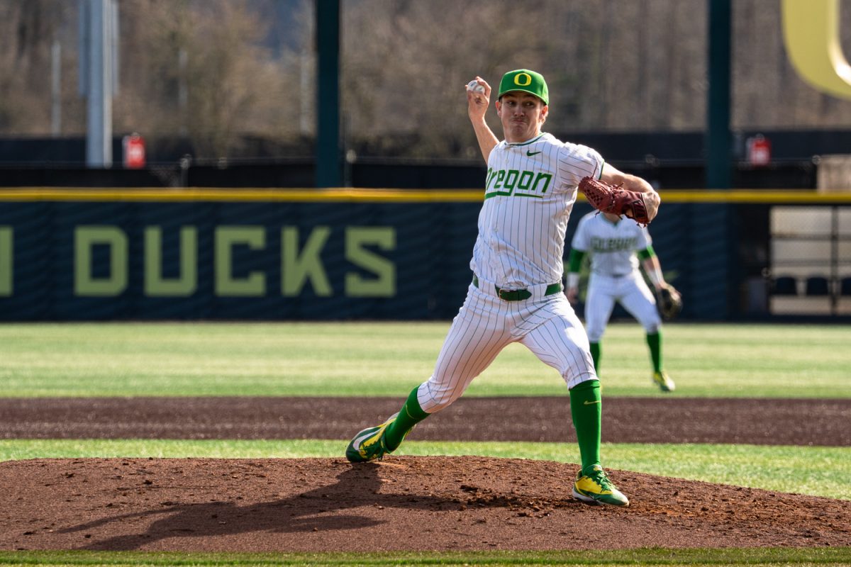 Duck junior pitcher Collin Clarke (10) draws back for fast pitch. On Feb. 21 2026, University of Oregon men's baseball team took on Youngstown State Penguins for the third game in the series at PK Park in Eugene, Ore. (Katie Poluyansky/Emerald)