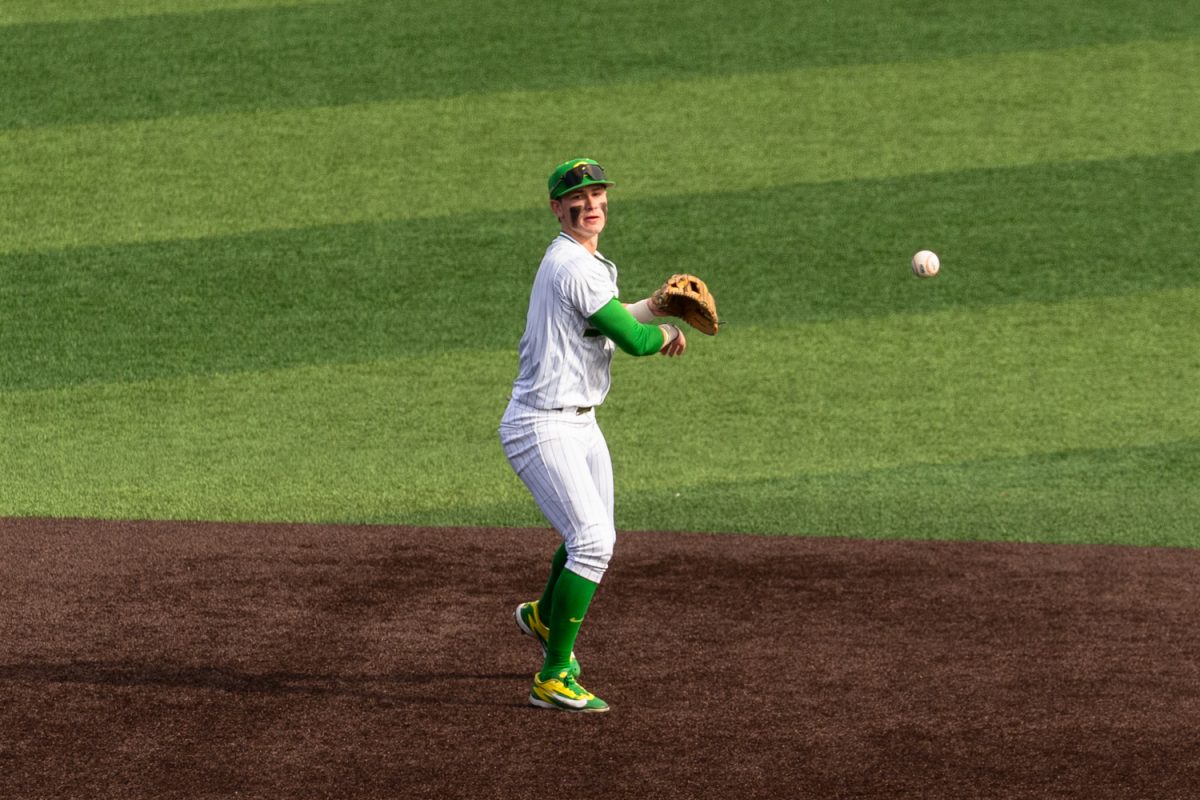 Duck junior infielder Maddox Molony (9) warms up catching before the eigth inning. On Feb. 21 2026, University of Oregon men's baseball team took on Youngstown State Penguins for the third game in the series at PK Park in Eugene, Ore. (Katie Poluyansky/Emerald)