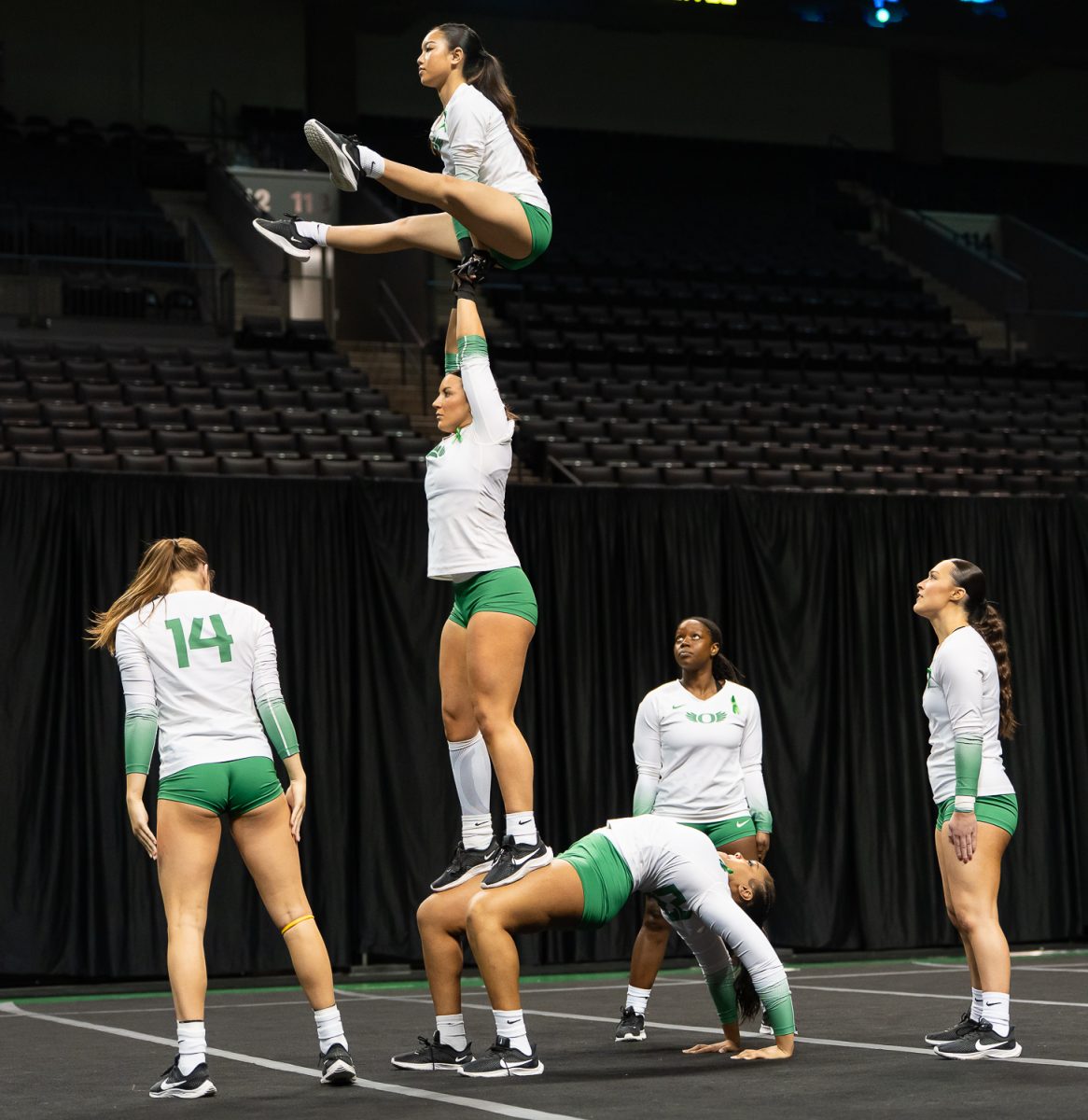 The Oregon Acro and Tumbling team took on the No. 3 Quinnipiac University at Matthew Knight Arena in Eugene, Ore. on Feb 21, 2025, winning 270.640 to 265.425. (Saj Sundaram/Emerald)