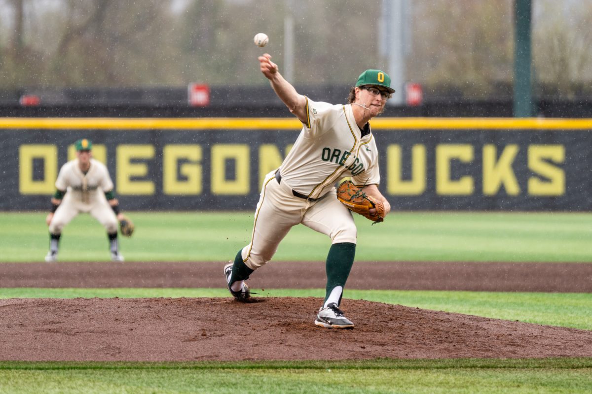 Oregon pitcher Cal Scolari (37) mid pitch. The University of Oregon Ducks Men’s Baseball team win against the Youngstown State University Penguin’s in a 15-6 slam at PK Park in Eugene, Ore., on Feb. 22, 2026. (Rowan Campbell/Emerald).