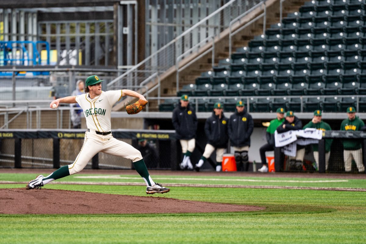 Oregon pitcher Cal Scolari (37) extends before throwing the ball. The University of Oregon Ducks Men’s Baseball team win against the Youngstown State University Penguin’s in a 15-6 slam at PK Park in Eugene, Ore., on Feb. 22, 2026. (Rowan Campbell/Emerald).
