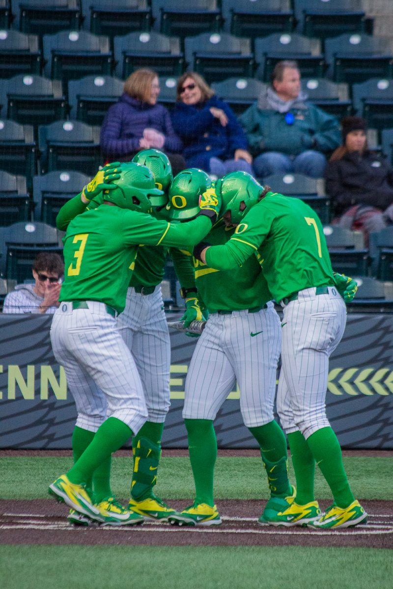 Oregon infield and outfielder Josh Schleichardt (25) celebrates at home plate after his 3-run home run. On February 19, 2025 the Oregon Ducks started off their second series of the season, playing the Youngstown State Penguins at PK Park, at University of Oregon, based in Eugene, Ore. (Fred Hall/Emerald)