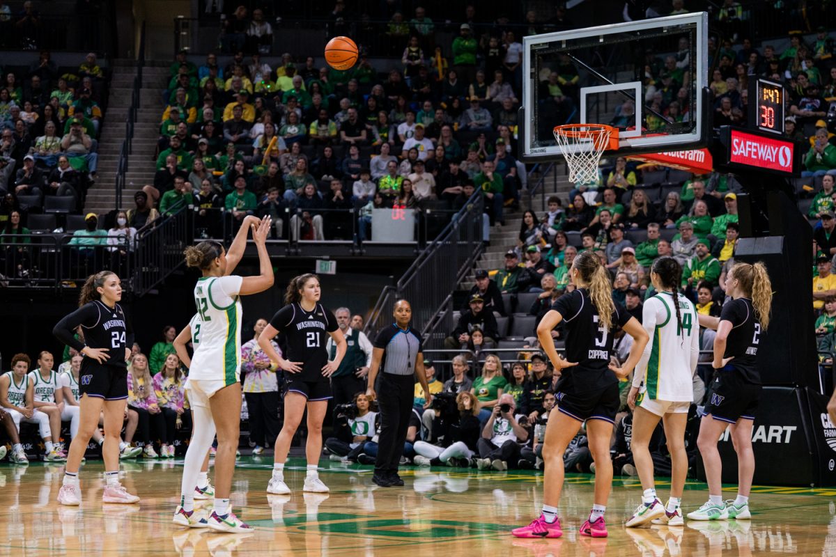 Oregon guard Avary Cain (42) shoots a freethrow after being fouled. The University of Oregon Ducks Women’s Basketball team lose against the University of Washington Huskies 69-70 at Matthew Knight Arena in Eugene, Ore., on Mar. 1, 2026. (Rowan Campbell/Emerald).