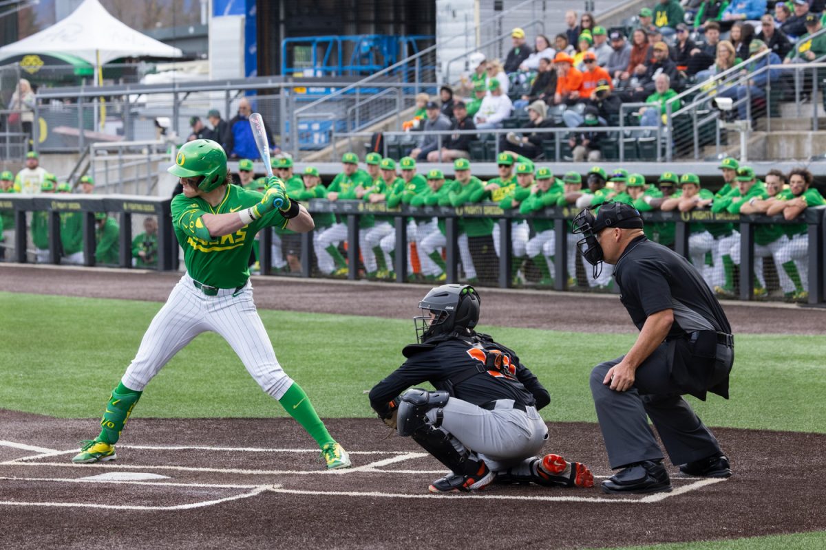 Oregon outfielder Jax Gimenez prepares for a pitch in a batting stance. Oregon Duck baseball hosted in-state rivals the Oregon State Beavers at PK Park in Eugene, Ore. on March 3, 2026, losing 10-6. (Owen Burriss/Emerald)