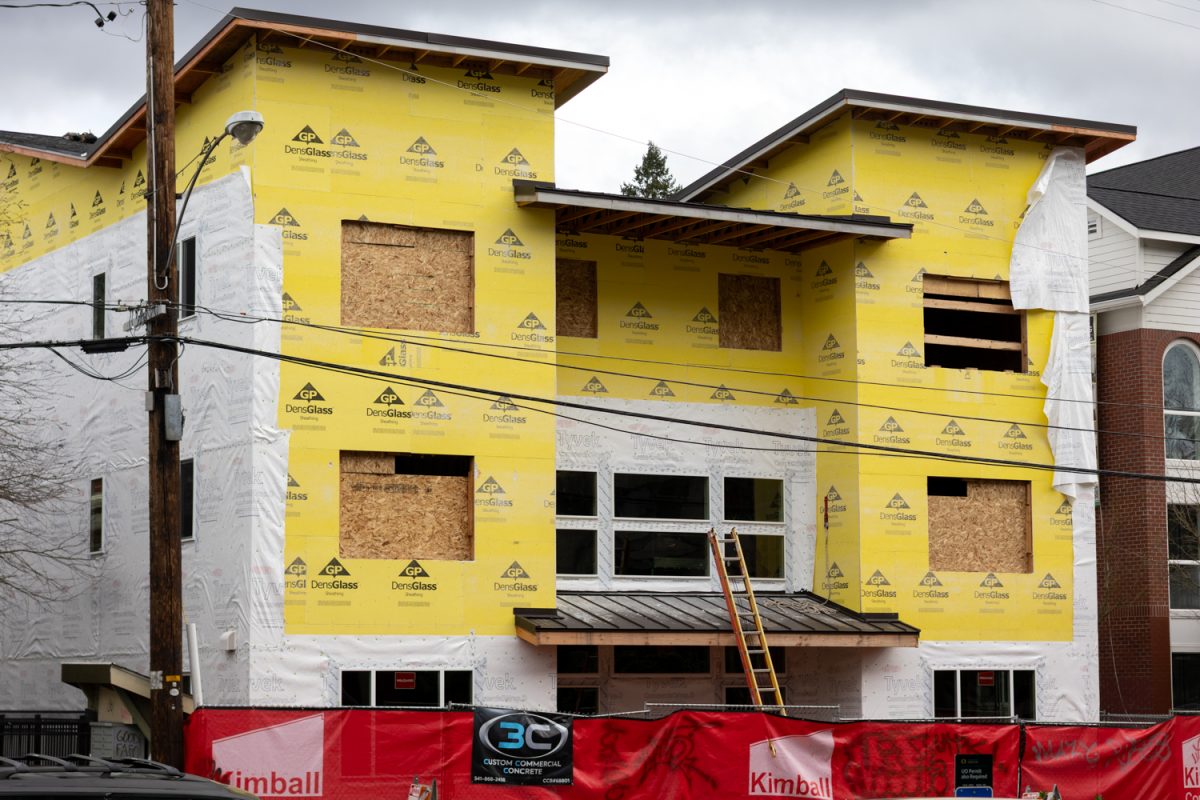 Construction continues on the new Sigma Phi Epsilon house on March 3, 2026. The project is located at 967 Patterson St., directly across from Barnhart Hall. (Owen Burriss/Emerald)
