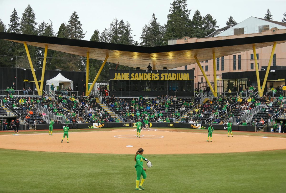 Oregon Ducks Softball take on the Oregon State Beavers at Jane Sanders Stadium in Eugene, Ore., on Mar. 6, 2026. (Tyler Graham/Emerald)