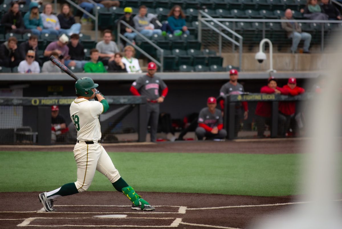 Naulivou Lauaki Jr. (18) waits for the pitch. On March 13, 2026, the Oregon Ducks defeated the Indiana Hoosiers (3-2) at PK Park, at University of Oregon, based in Eugene, Ore. (Roshni Ram/Emerald)