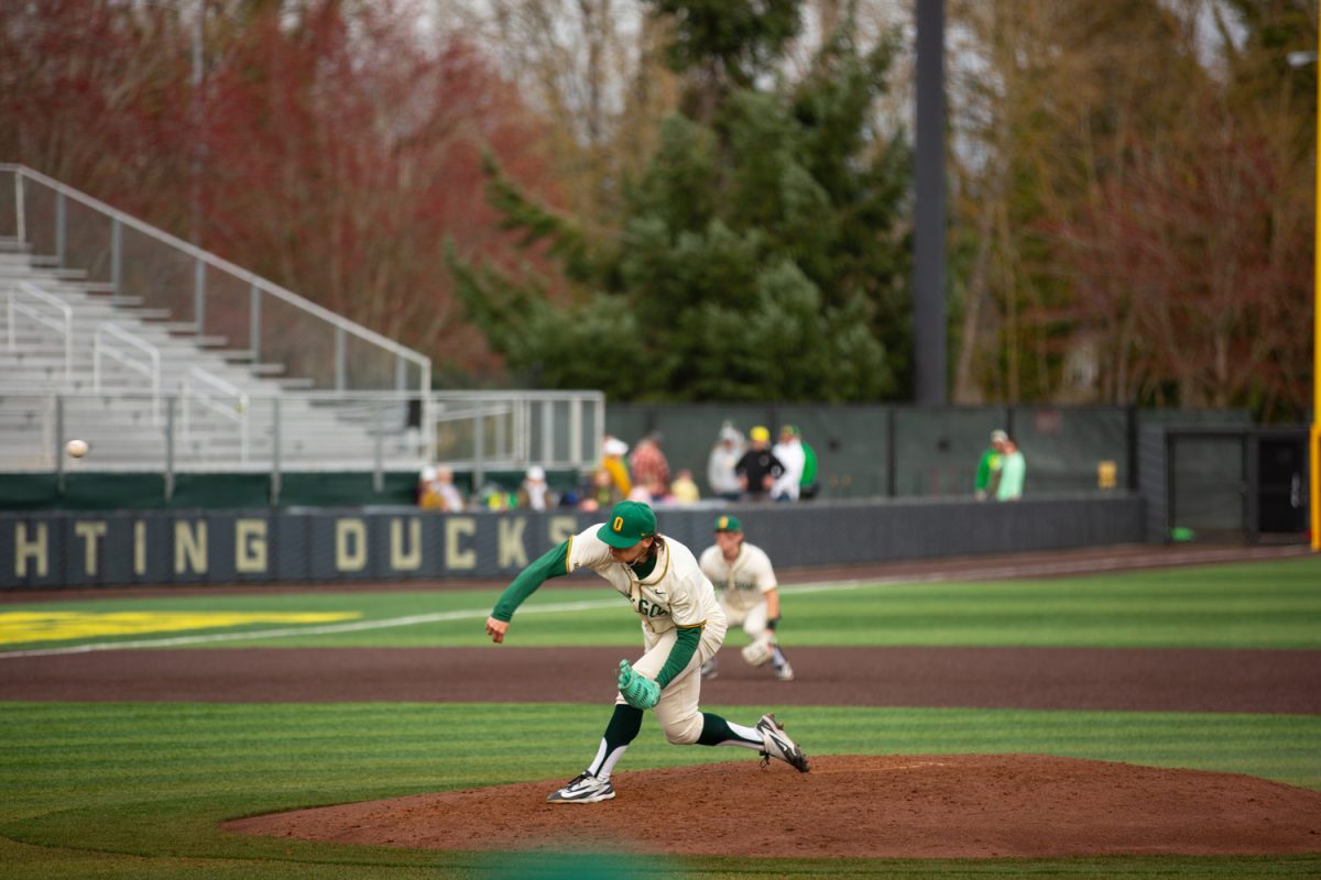 Pitcher Will Sanford (28) throws to home plate. On March 13, 2026, the Oregon Ducks defeated the Indiana Hoosiers (3-2) at PK Park, at University of Oregon, based in Eugene, Ore. (Roshni Ram/Emerald)