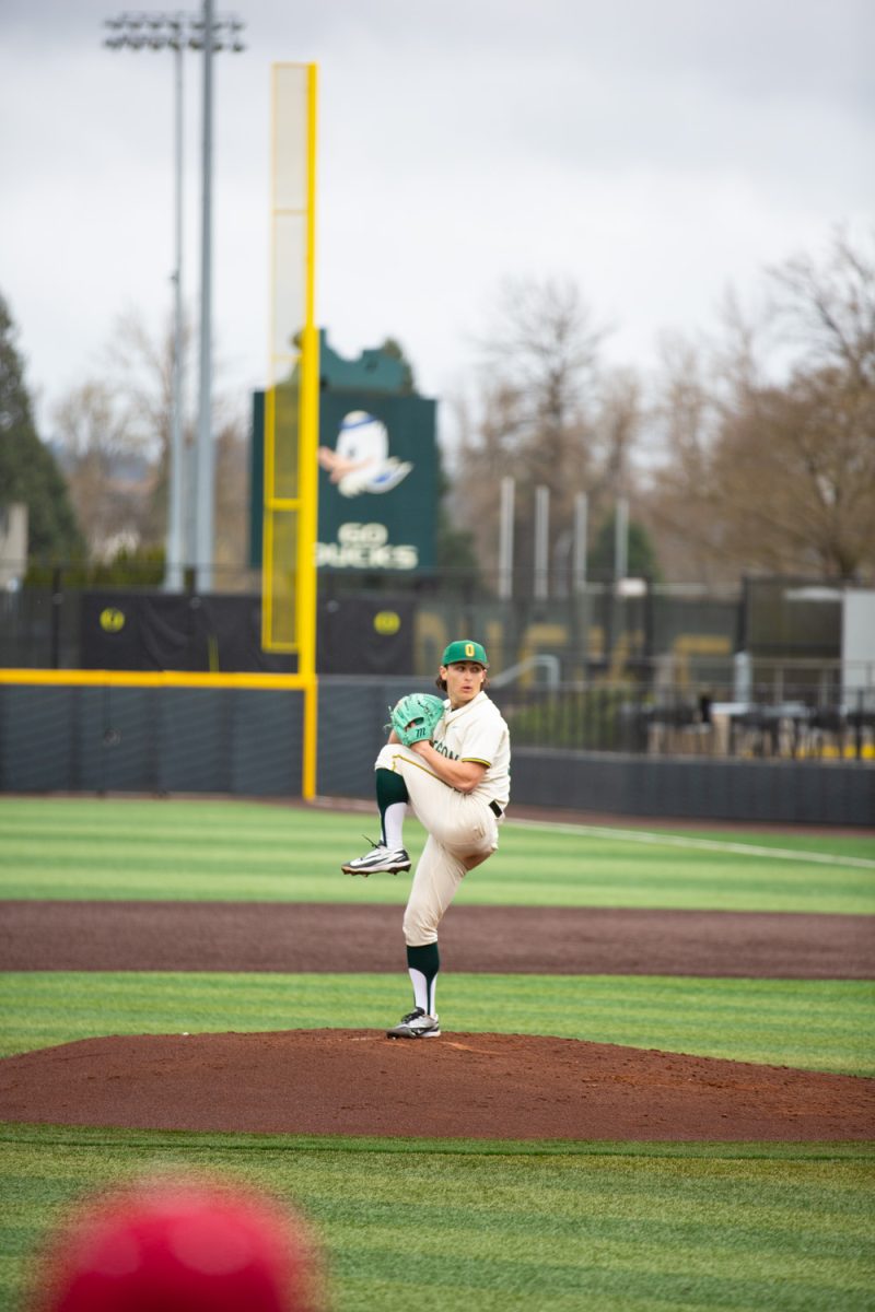 Pitcher Will Sanford (28) winds up for the Ducks. On March 13, 2026, the Oregon Ducks defeated the Indiana Hoosiers (3-2) at PK Park, at University of Oregon, based in Eugene, Ore. (Roshni Ram/Emerald)