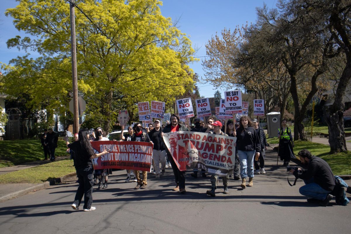Protesters march to Mayor Keith Wilson's house in Portland, Ore. on Apr. 04, 2026. (Mikayla Mesko/Emerald)