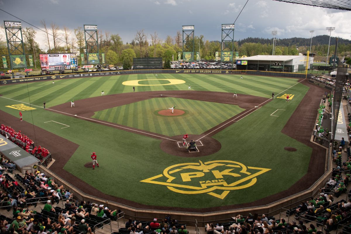 No.21 Oregon baseball takes on No.19 Nebraska on April 10th, 2026, at PK park, in Eugene, Ore. (Chris Castro/Emerald)