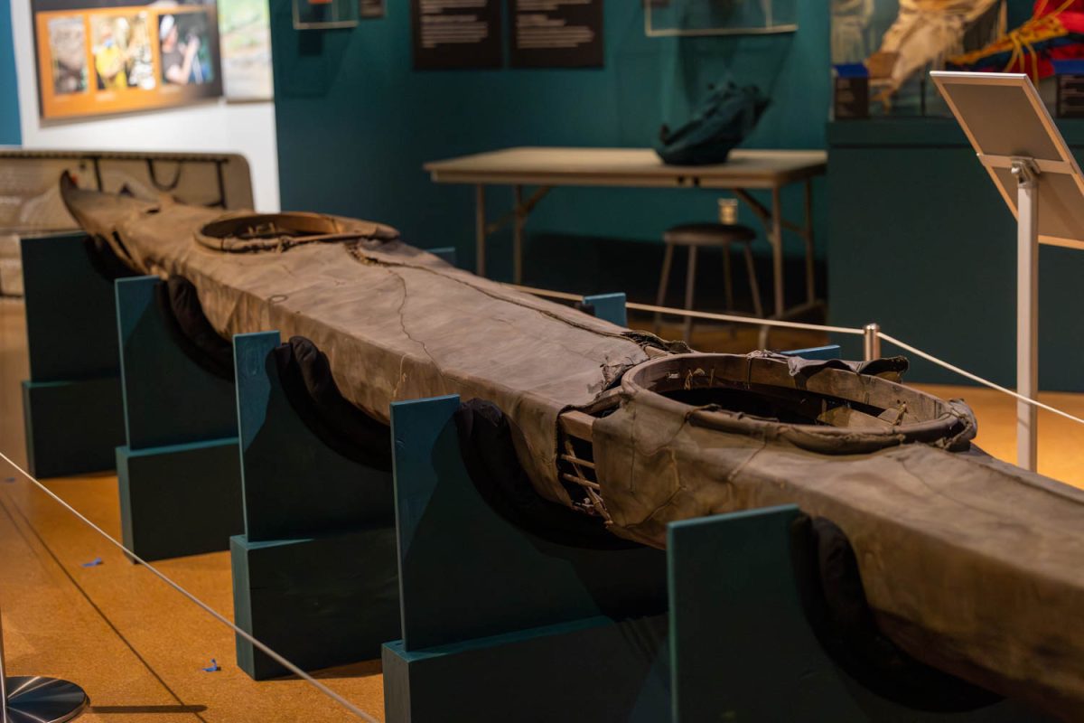 A hand crafted Alaskan kayak on display at the Museum of Natural History  in Eugene, Ore. on April 17, 2026. The kayak was made in the early 1900s on Umnak Island, Alaska. (Charlie Mack/Emerald)