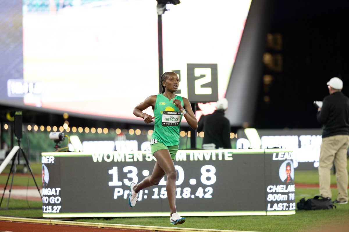 The Oregon Ducks host day one of the Oregon Team Invitational at Hayward Field in Eugene, Ore., on April 17, 2026. (Owen Burriss/Emerald)