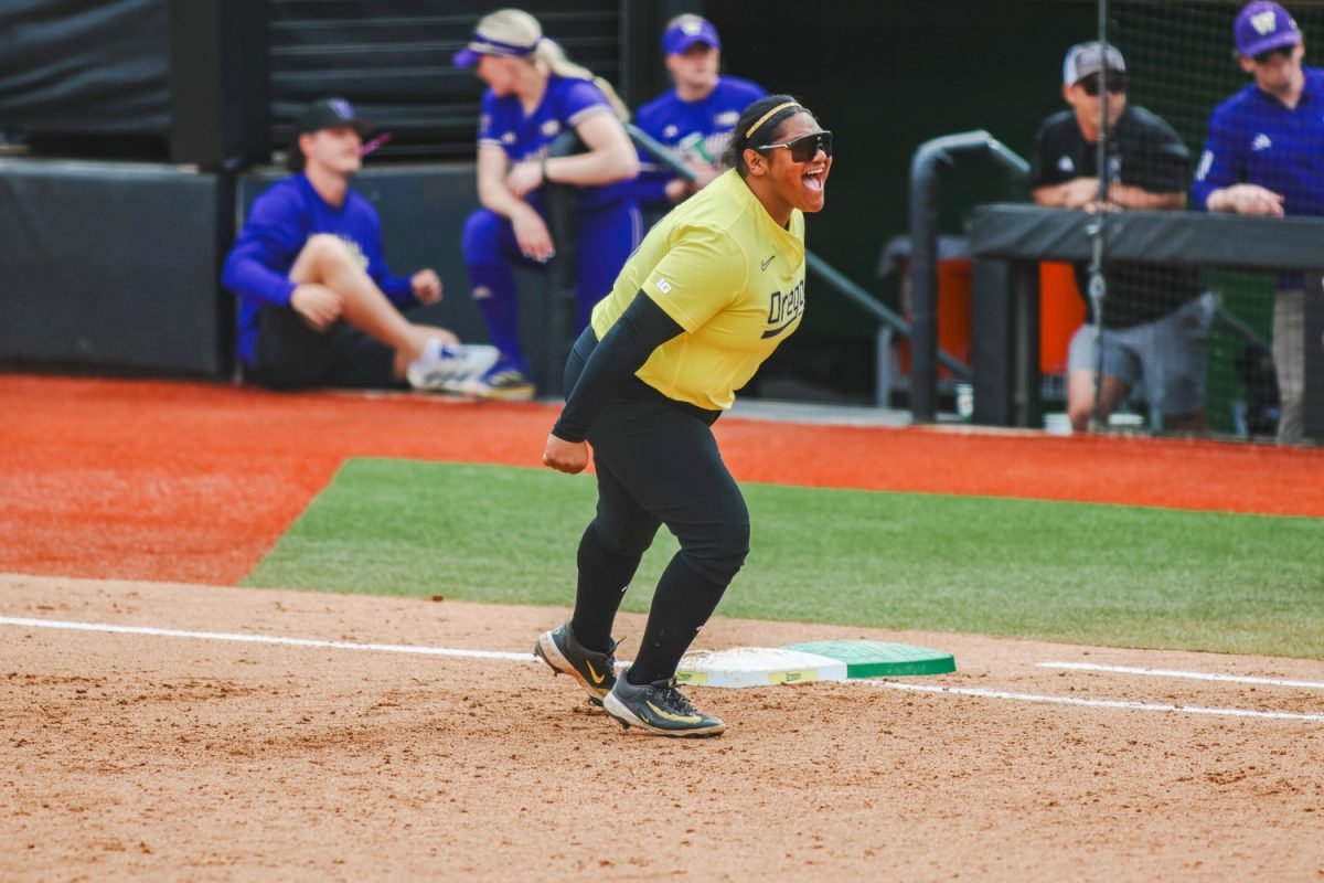 Oregon first baseman Stefini Ma’ake (13) celebrates after a strikeout to end the inning. On April 19, 2026, The Oregon Ducks beat The Washington Huskies 3-1 at Jane Sanders Stadium in Eugene, Ore. (Lilly Wall/Emerald)