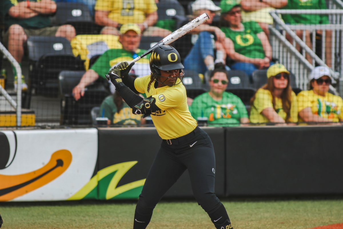 Oregon utility player Elon Butler (0) loads her weight back to prepare for the pitch. On April 19, 2026, The Oregon Ducks beat The Washington Huskies 3-1 at Jane Sanders Stadium in Eugene, Ore. (Lilly Wall/Emerald)