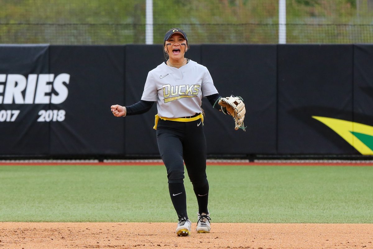 Taryn Ho celebrates an out. Oregon softball faces off against the Oregon State Beavers at Jane Sanders Stadium in Eugene, Ore. on April 22, 2026. (Heidi Thalman/Emerald)