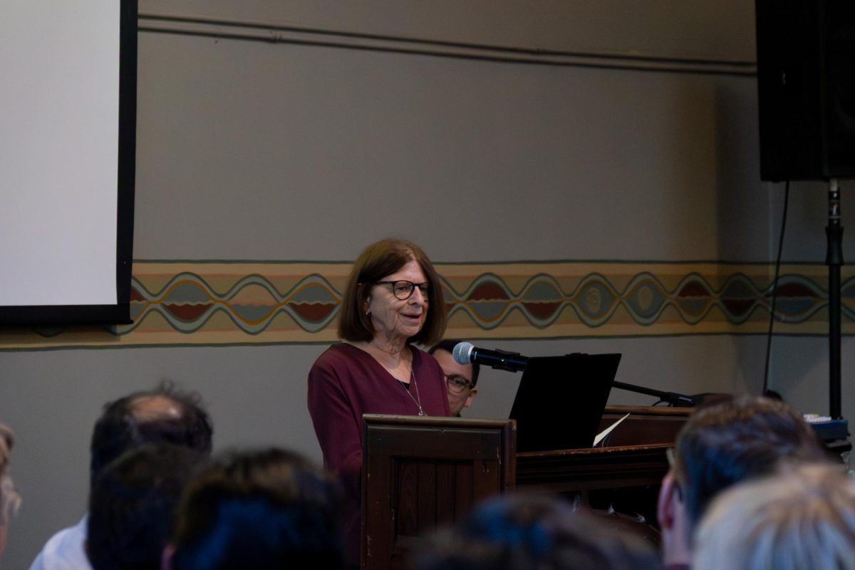 Dr. Leslie Steeves, the senior associate for academic affairs for the SOJC,  speaks at the 30 year celebration for the departments Ph.D program on Friday, Apr. 24, 2026 in Portland, Ore. (Emerald/Joy Edwards)