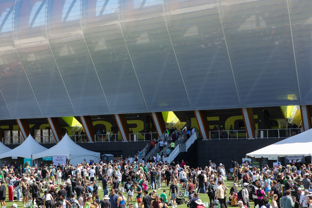 Spectators and runners reunite outside of Hayward Stadium. The sold-out Eugene Marathon took place in Eugene, Ore. on April 26, 2026. (Heidi Thalman/Emerald)