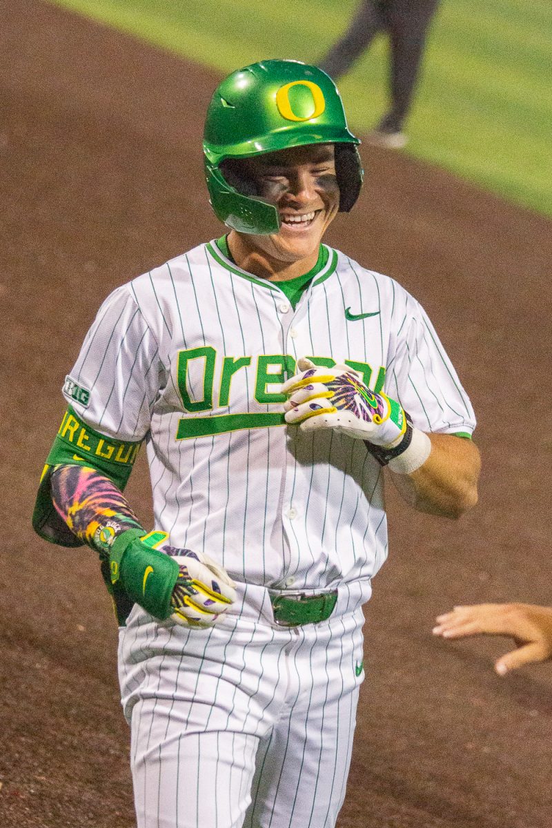 Oregon utility player Jack Brooks (6) smiles after hitting a single to start the 8th inning. On April 24, 2026, The Oregon Ducks defeated the Penn State Nittany Lions [5-4], at PK Park, at University of Oregon, Based in Eugene, Ore. (Fred Hall/Emerald)