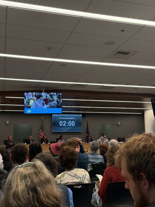 Eugene residents speak during pubic comment at the Eugene City Council meeting on April 13, 2026 in Eugene, Ore. (Billie Corsetti/Emerald)