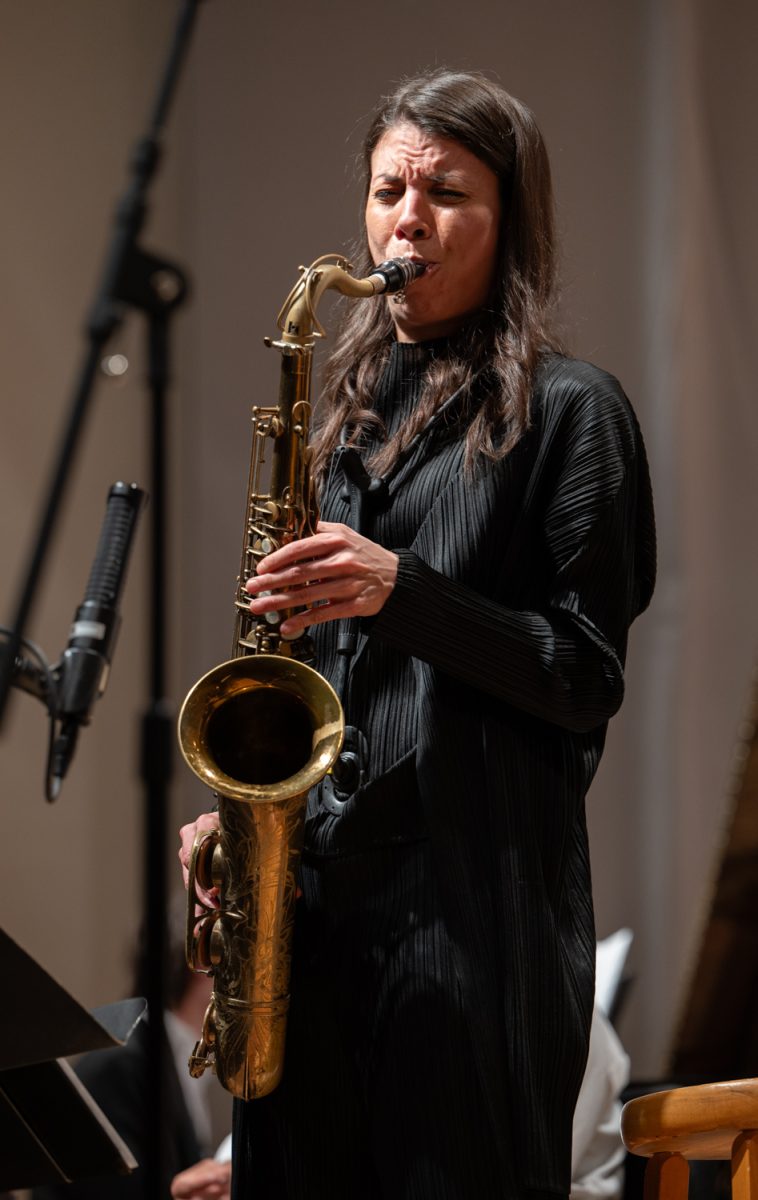 Melissa Aldana performs with the University of Oregon’s Jazz Ensemble. The UO School of Jazz and Dance presents Melissa Aldana with the Oregon Jazz Ensemble on May 8th, 2026, in Beall Concert Hall in Eugene, Ore. (Chris Castro/Emerald)