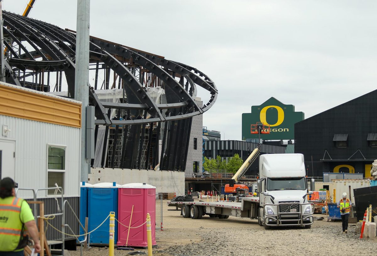 The construction of the facility continues with the backdrop of Autzen Stadium. Construction of the Hatfield-Dowlin Complex Practice Field Expansion ramps up in Eugene, Ore., on May 5, 2026 (Tyler Graham/Emerald)
