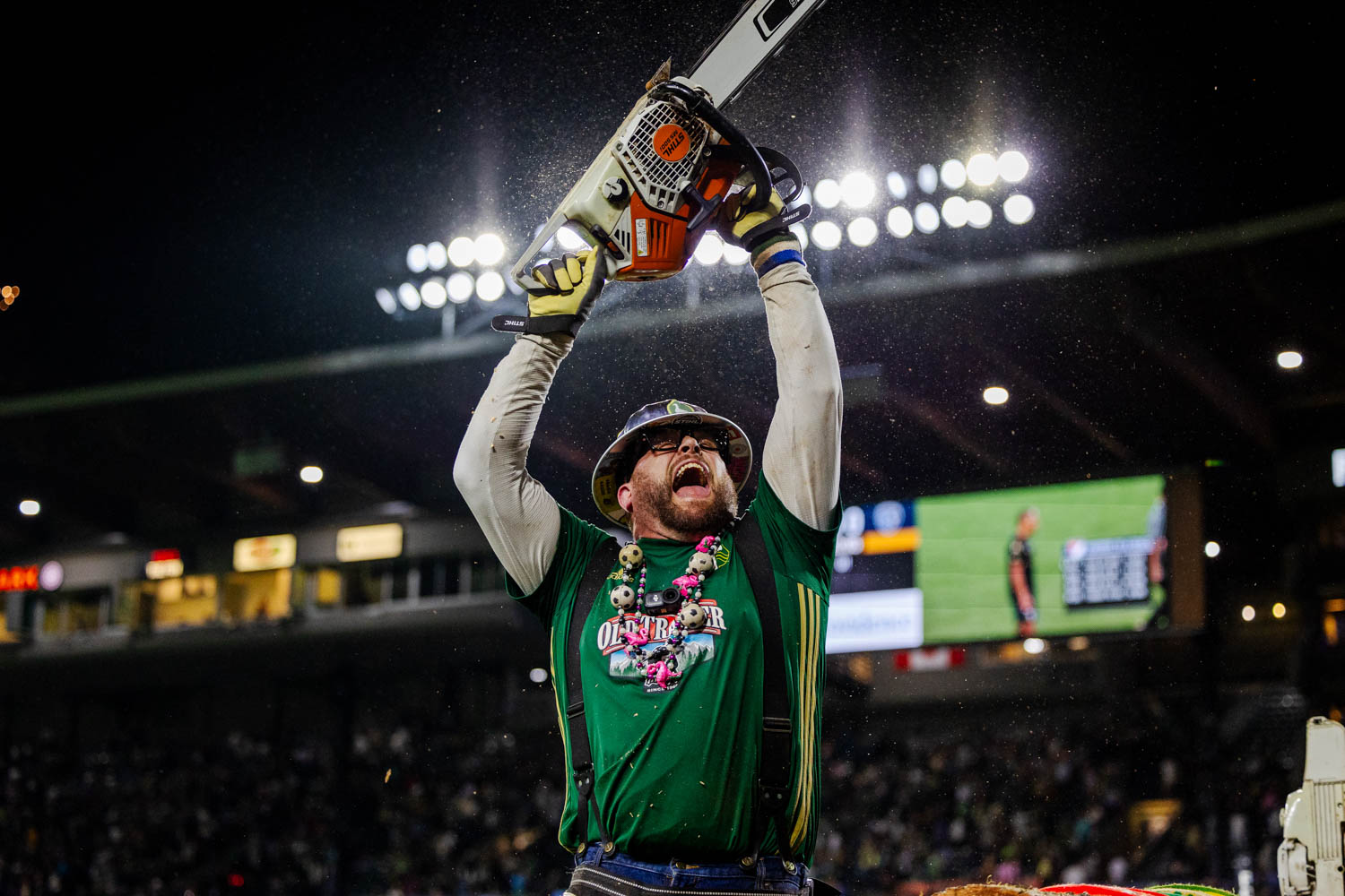 Portland Timbers mascot Timber Joey raises a chain saw in celebration of the Timbers victory over Sporting Kansas City on May 9, 2026 in Portland, Ore. The Timbers would defeat Sporting KC 6-0 in Providence Park. (Charlie Mack/Emerald)