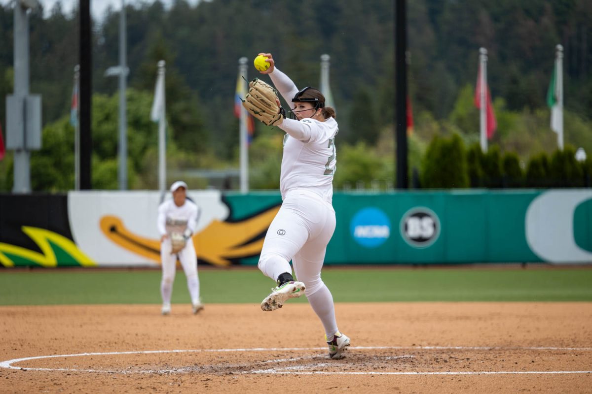 University of Oregon Pitcher Maddie Milhorn (22) pitches to a Mississippi State batter on May 16, 2026 in Eugene, Ore. Mississippi State defeated Oregon 4-0 in Jane Sanders Stadium. (Charlie Mack/Emerald)