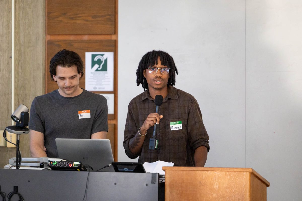 University of Oregon student, Phoenix Nwokedi, speaks about the McKenzie Hall preservation plan on May 18, 2026 in Eugene, Ore. Mickenzie Hall, built by DeNorval Unthank Jr., was awarded the National Trust for Historic Preservation. (Charlie Mack/Emerald)