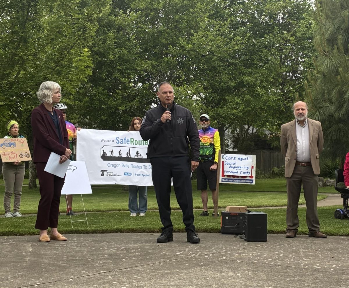 Eugene Police Department Chief Chris Skinner speaks at a transportation and bike safety advocacy event on May 20, 2026 (Sasha Love/Emerald).