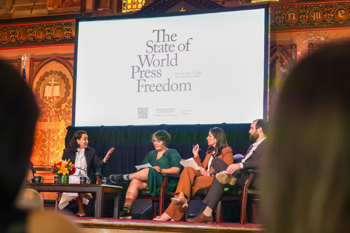 Panelists speak at the Georgetown University State of World Press Freedom event on April 23, 2026 (Courtesy of Maren Fullerton).