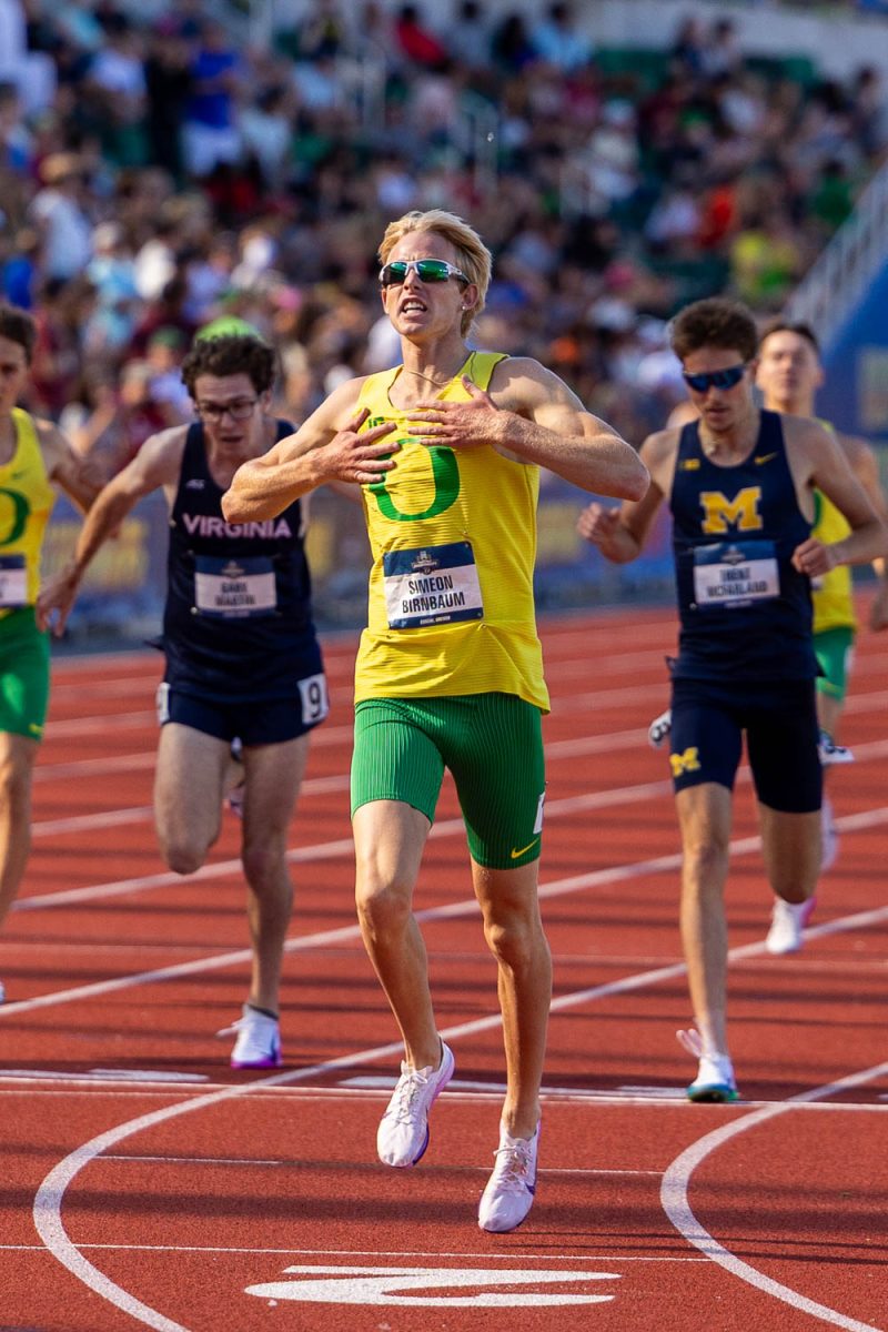 University of Oregon distance runner Simeon Birnbaum celebrates the win after he crosses the finish line winning the men’s 1500m final. The NCAA Track and Field Championships take place at Hayward Field in Eugene, Ore., on June 10-13th, 2026. (Charlie Mack/Emerald)
