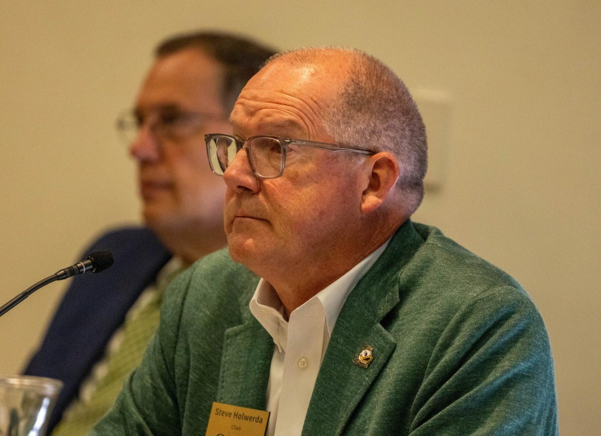 Board Chair Steve Holwerda listens during public comment at a University of Oregon Board of Trustees meeting at the Ford Alumni Center on June 2, 2026, in Eugene, Ore. (Tarek Anthony/Emerald)